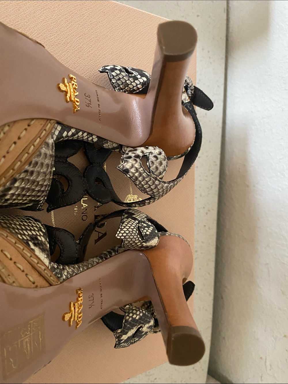 Prada Black and Cream Snakeskin-Effect Platform Heels - Picture 13 of 16
